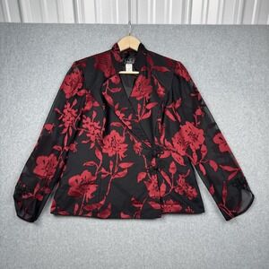 Alex Evenings Jacket Womens Large Black Red Floral Sheer Dressy Wedding Blazer